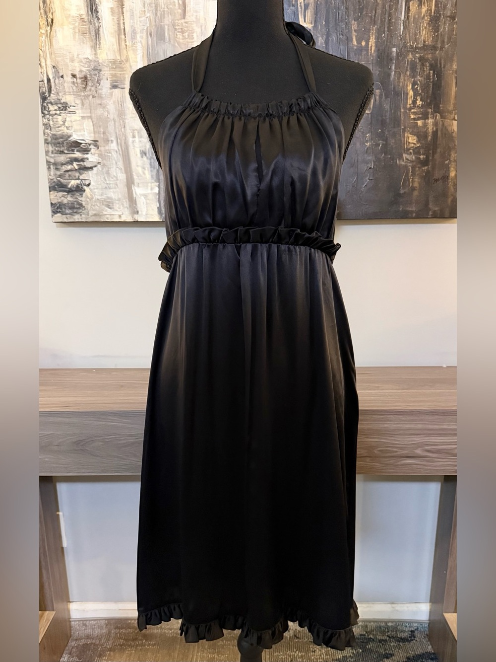 Vintage Y2K Betsey Johnson Black 100% Silk Ruffle Halter Dress Whimsigoth NWT 8